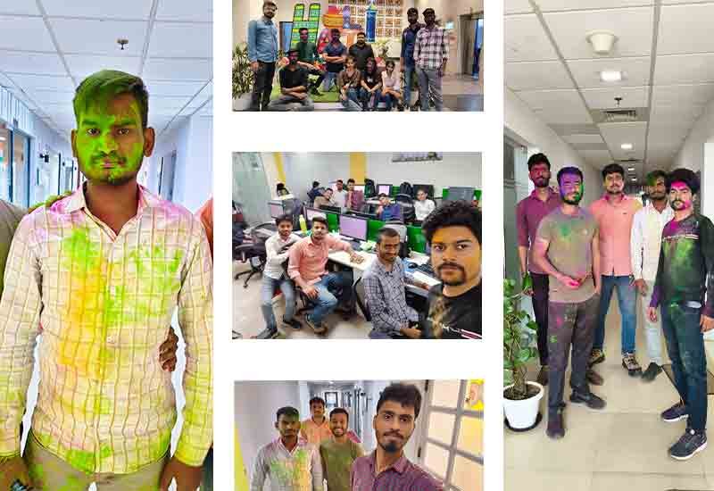 Weblytic Labs employees with colorful faces enjoying Holi